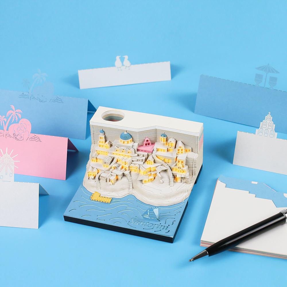 Santorini 3D Note Pad - Santorini Island Creative Art 3D Memo Pad - Omoshiroi Block - Post It Notes Birthday Gifts DIY Paper Craft With LED - Rajbharti Crafts