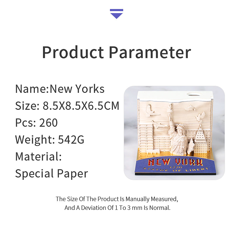 New York Liberty Statue 3D Note Pad Statue Of Liberty Note Pad Iconic Art 3D Memo Pad - Omoshiroi Block - Post It Notes - New York Gifts