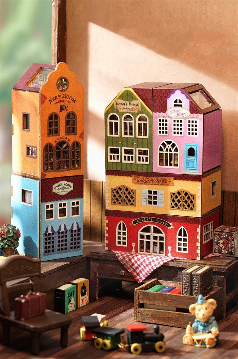 Building Block Town Combination Style Doll House DIY Dollhouse Kit Six Story Bella's Living Room Harry's Kitchen Ava's Workshop Gary's Books - Rajbharti Crafts