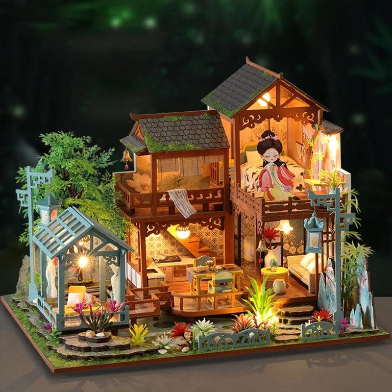 DIY Dollhouse Kit Ancient Japanese Garden Pavilion Style Dollhouse With Moonlight & Lotus Pond Japanese Miniature Dollhouse Holiday Crafts