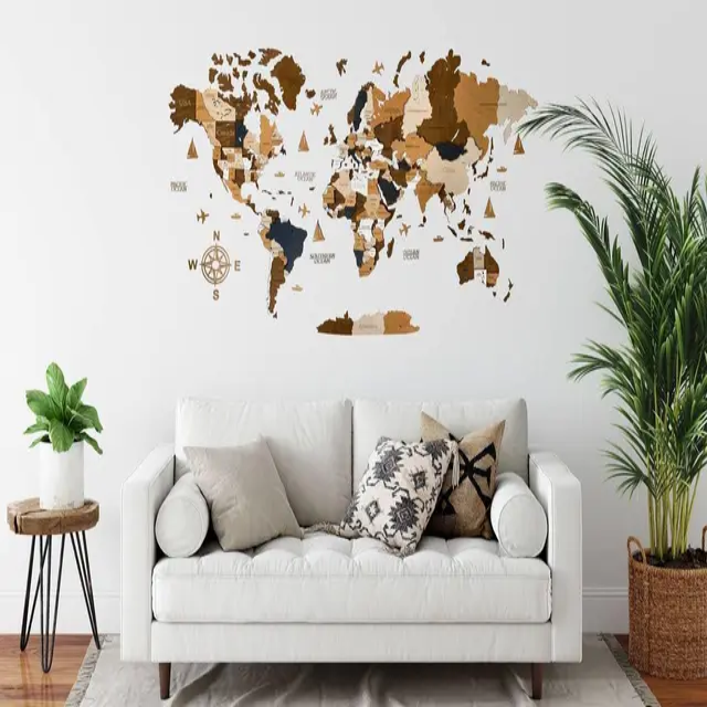 Carte du monde 3D, décoration murale en bois, couleur unie, carte du monde du voyageur, décor de salle, puzzles