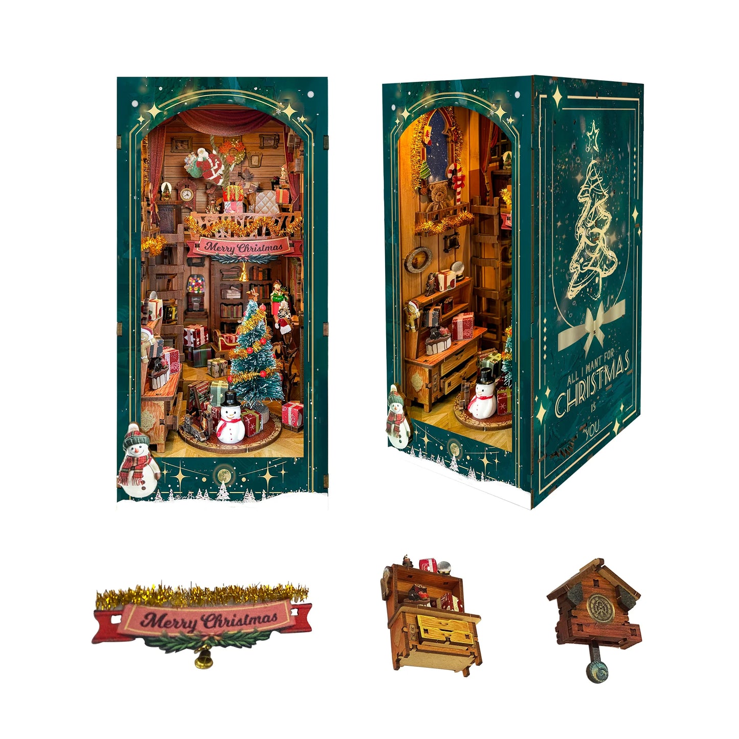 Coin de livre d'allée de noël, Kits de coin de livre à faire soi-même, Kit d'insertion d'étagère, Kits de construction miniatures, bibliothèque de la chambre du père noël