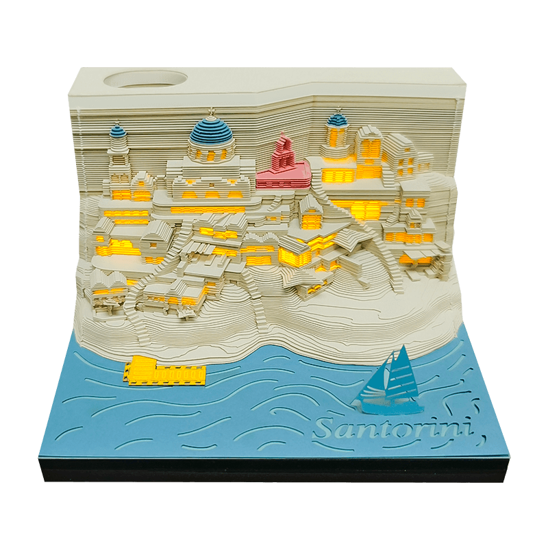 Santorini 3D Note Pad - Santorini Island Creative Art 3D Memo Pad - Omoshiroi Block - Post It Notes Birthday Gifts DIY Paper Craft With LED