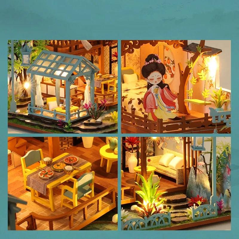 DIY Dollhouse Kit Ancient Japanese Garden Pavilion Style Dollhouse With Moonlight & Lotus Pond Japanese Miniature Dollhouse Holiday Crafts