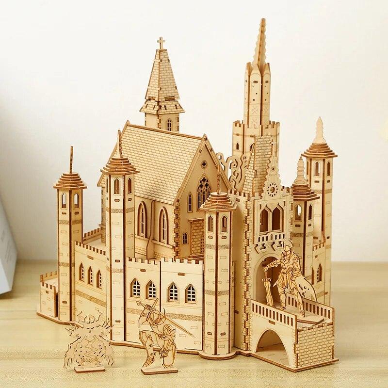 3D Wooden Puzzle House Royal Knight's Castle Assembly Retro Toy for Kids Adult DIY Model Kits Decoration for Gifts