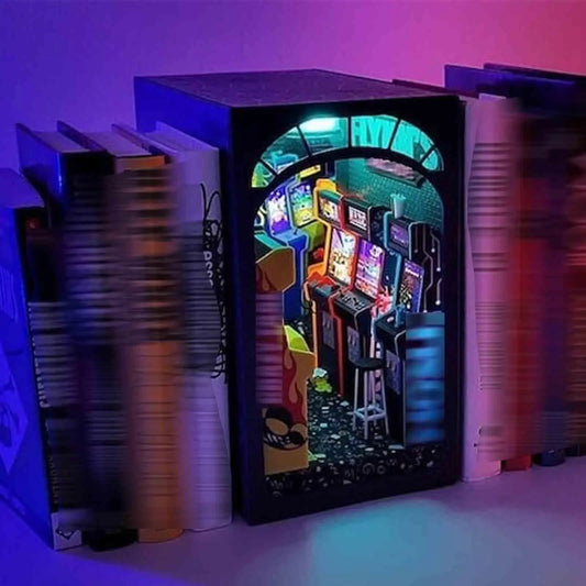 Flynn's Arcade Themed Booknook, 3D Wooden Puzzle Booknook, DIY Book Nook Kit LED Wooden Puzzle Bookend Bookshelf Insert Decor