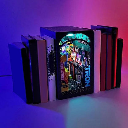 Flynn's Arcade Themed Booknook, 3D Wooden Puzzle Booknook, DIY Book Nook Kit LED Wooden Puzzle Bookend Bookshelf Insert Decor