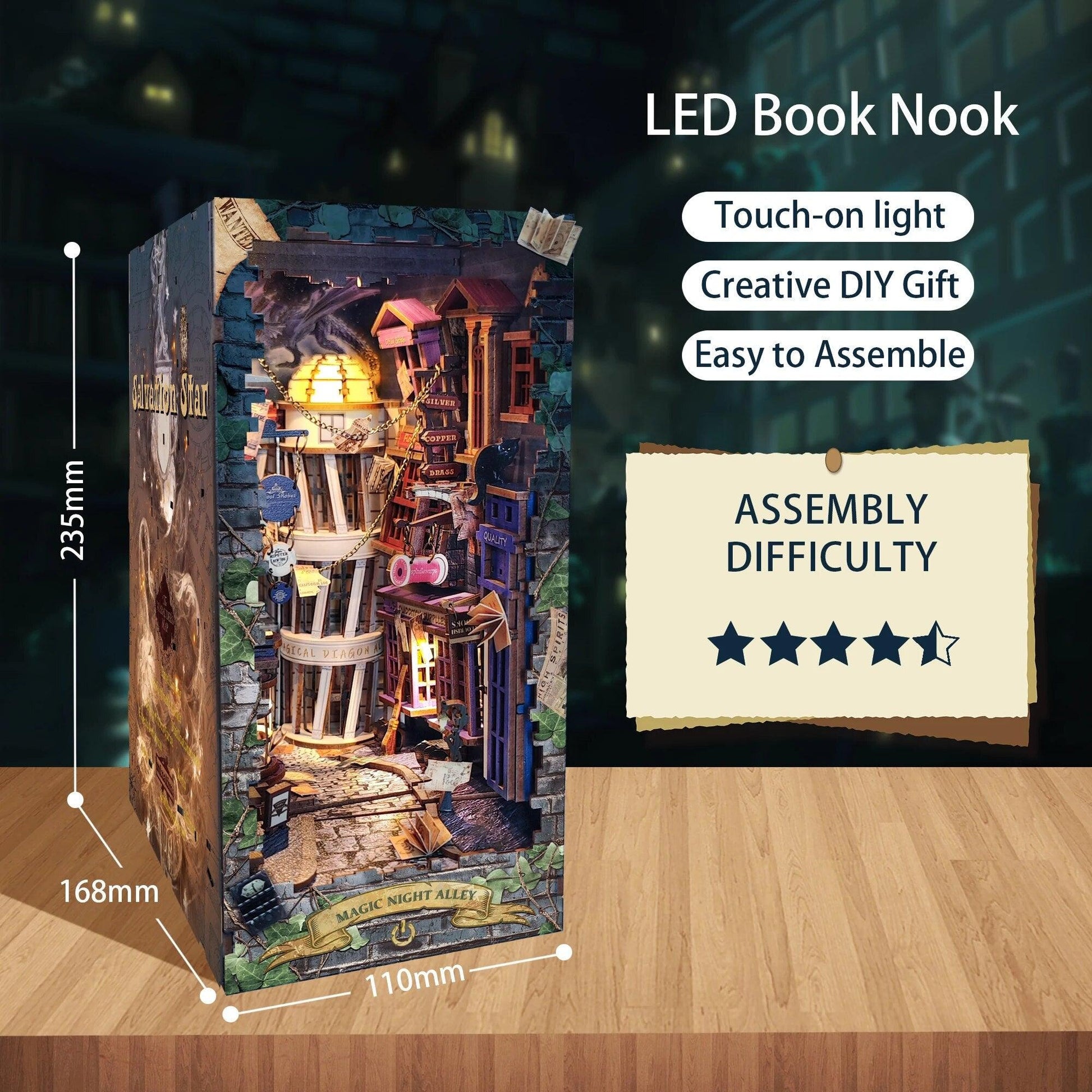 DIY Magic Night Alley Book Nook - DIY Book Nook Kits - Wizard Alley Book Nook Dioramas Book Shelf Insert Book Scenery with LED Model Building Kit - Rajbharti Crafts