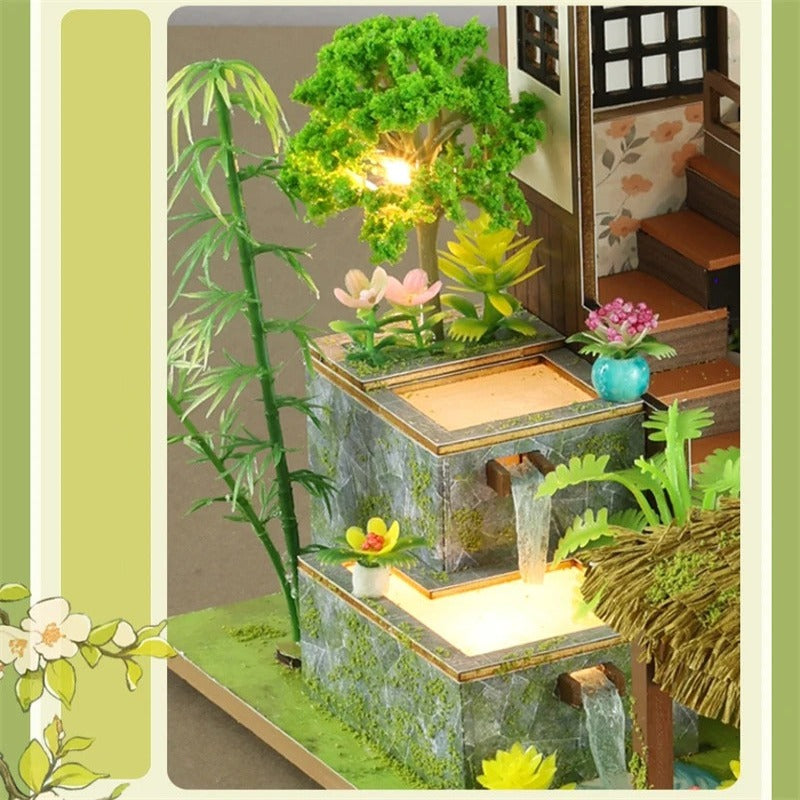 Kit de maison de poupée bricolage maison de poupée de style pavillon de jardin japonais ancien avec clair de lune et étang de lotus maison de poupée miniature japonaise artisanat de vacances
