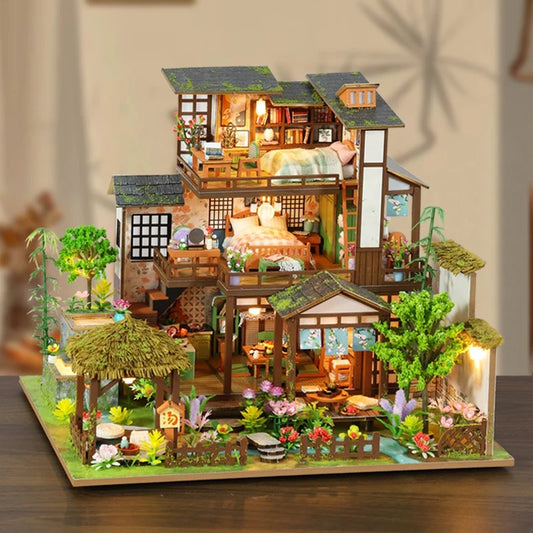 Kit de maison de poupée bricolage maison de poupée de style pavillon de jardin japonais ancien avec clair de lune et étang de lotus maison de poupée miniature japonaise artisanat de vacances