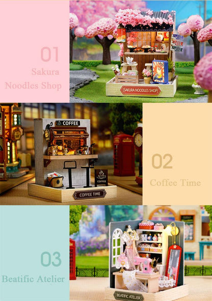 Corner of Happiness Series DIY Dollhouse Kit Miniature Sakura Noodles Shop Coffee Time - Rajbharti Crafts