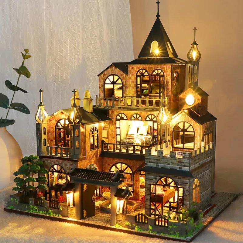 Fairy Castle DIY Dollhouse Kit Large Size Mansion Dollhouse Miniature With LED