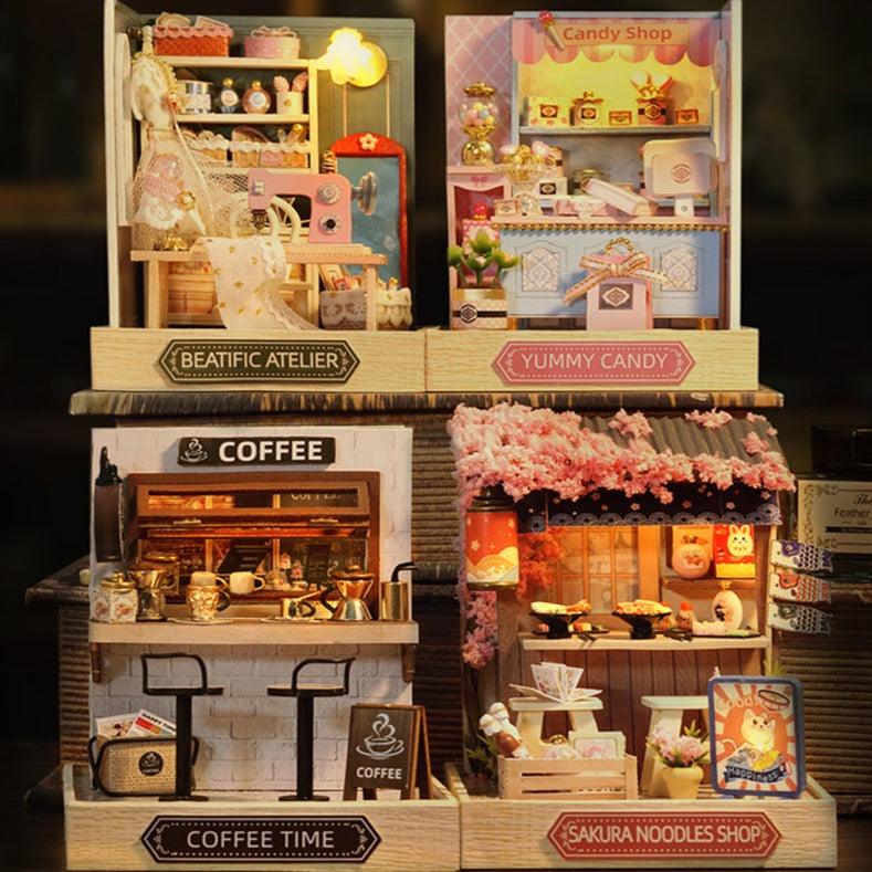 Corner of Happiness Series DIY Dollhouse Kit Miniature Sakura Noodles Shop Coffee Time - Rajbharti Crafts