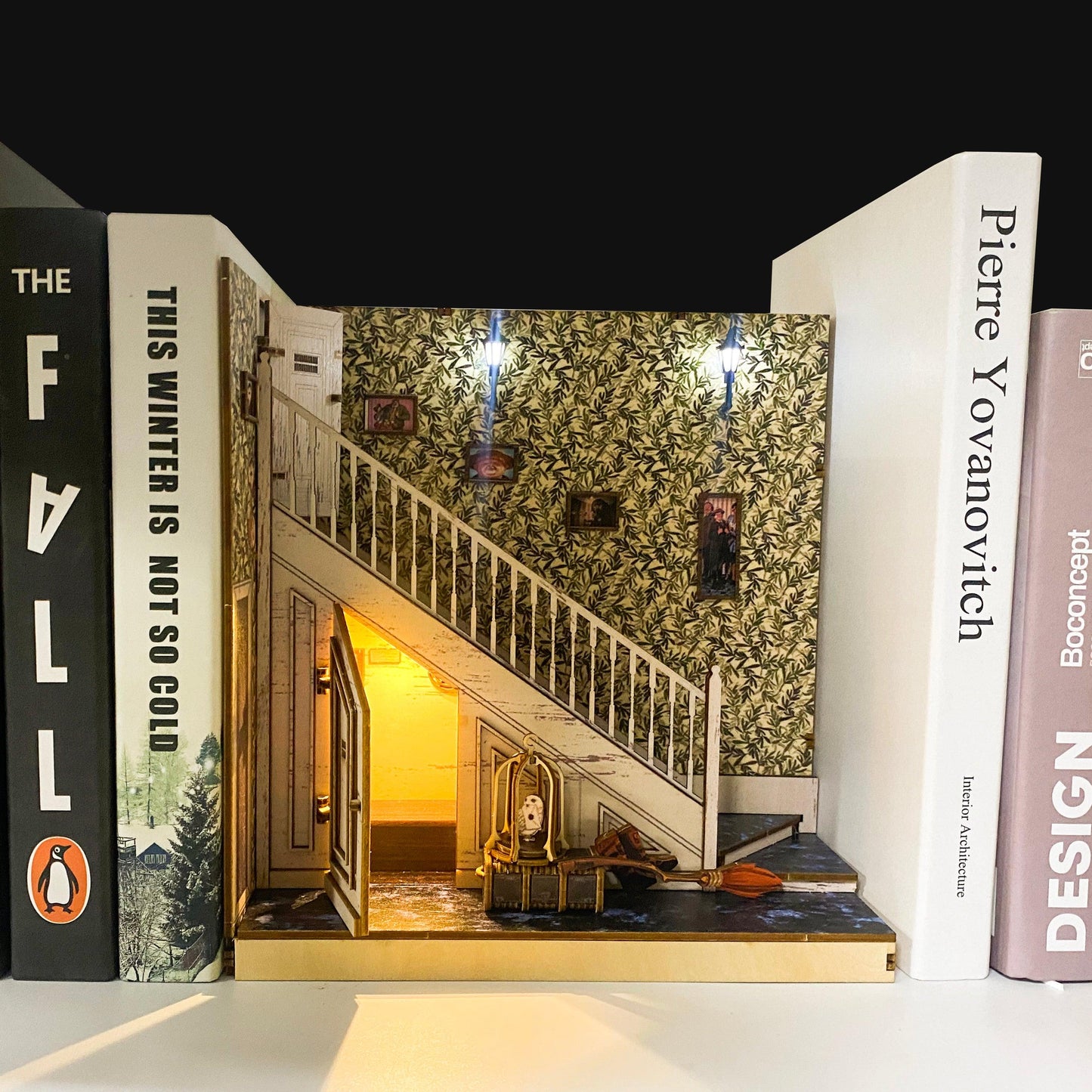 The Cupboard Under Stairs Book Nook - DIY Book Nook Kits - 4 Privet Drive House Book Nook - Dursley's House Book Nook - Dudley Room Book Nook Wizard Alley Book Nooks Magic Alley Book Shelf Insert Book Scenery with LED