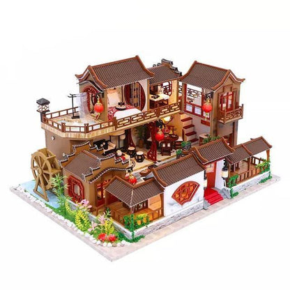 DIY Japanese Style Dollhouse Kit Large Size with Water Wheel for Birthday Gift Doll house DIY Dollhouse Kit Dollhouse Miniature