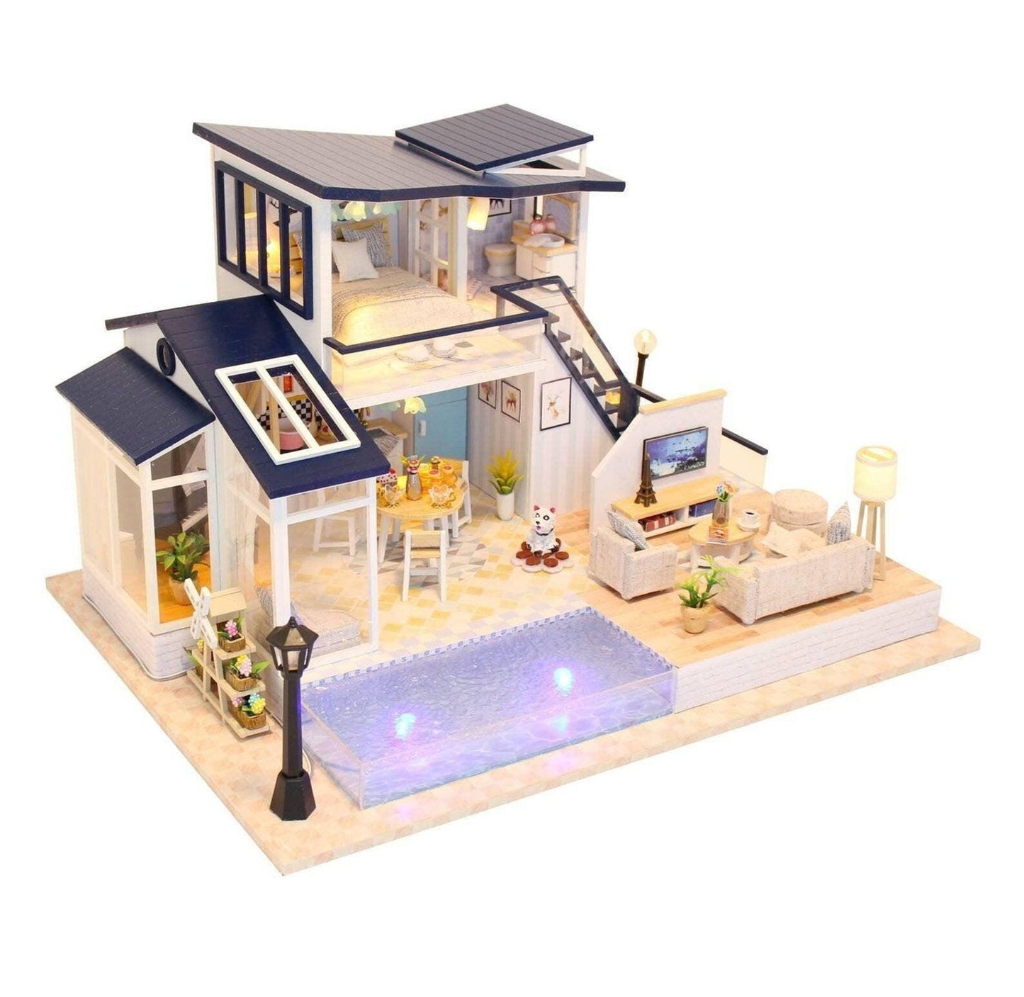 DIY Modern Party Home Miniature Doll House Kit Pool Villa With Swimming Pool with light Adult Craft Gift Decor Showpiece Decorative - Rajbharti Crafts