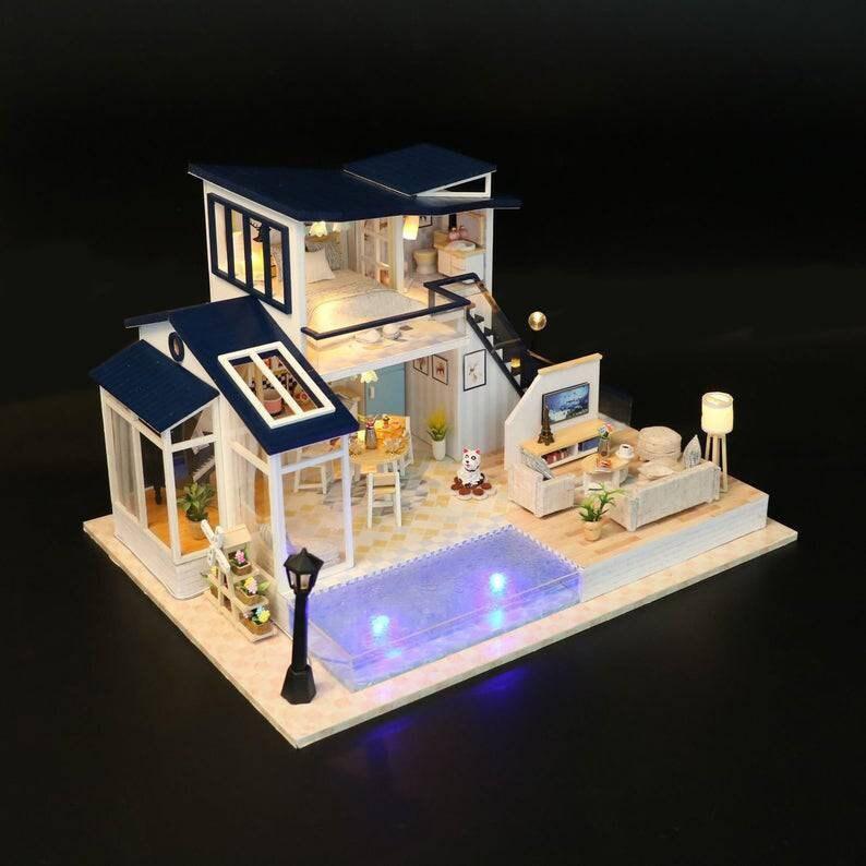DIY Modern Party Home Miniature Doll House Kit Pool Villa With Swimming Pool with light Adult Craft Gift Decor Showpiece Decorative - Rajbharti Crafts