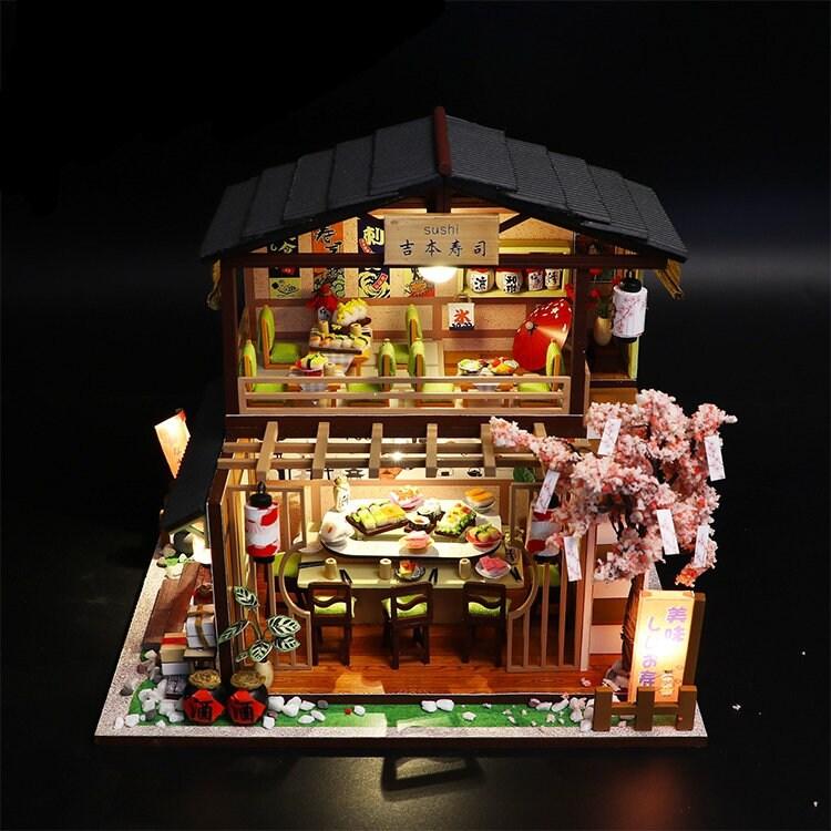DIY Sushi Restaurant Japanese Style Miniature DIY Doll House Kit 1:24 with light Adult Craft Gift Decor