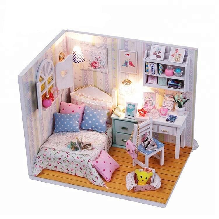 DIY Doll House Kit Girl Bedroom Dollhouse Miniature Kit Gift For Kids Birthday Gift Room Miniature Toy Set DIY Doll House Kit Adult Craft