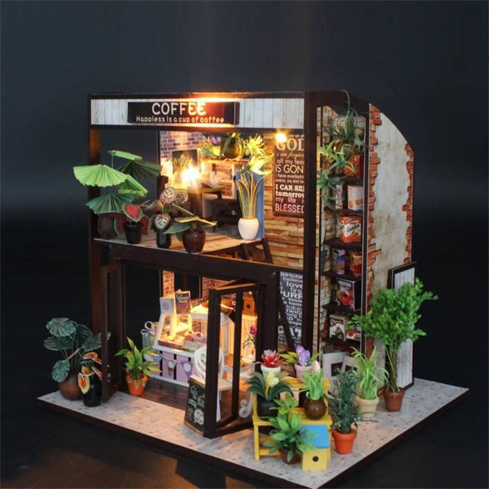 Coffee Shop Dollhouse Kit Coffee Studio Doll House Miniature Toy Kit For Kids DIY Doll House Toy Kit Adult Craft With LED Lights