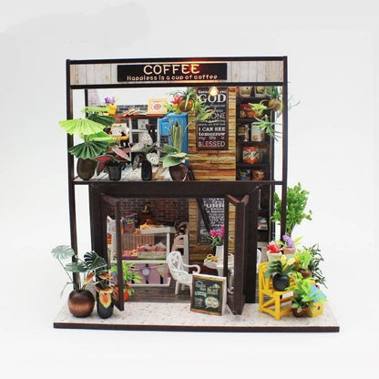 Coffee Shop Dollhouse Kit Coffee Studio Doll House Miniature Toy Kit For Kids DIY Doll House Toy Kit Adult Craft With LED Lights