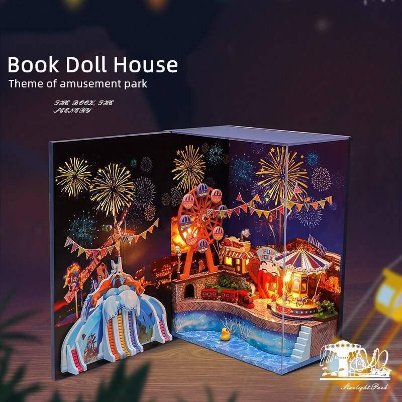 Amusement Park Book Nook - DIY Doll House Book Shelf Insert - Bookcase with Light Model Building Kit