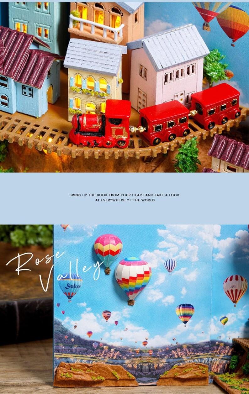 Hot Air Balloon Book Nook Book Scenery - DIY Doll House Book Shelf Insert - Bookcase with Light Miniature Building Kit