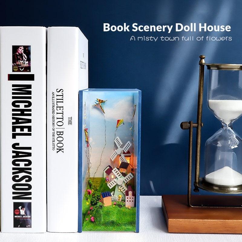 Town of Windmill Book Nook - Book Scenery - DIY Doll House Book Shelf Insert - DIY Book Stand - Bookcase with Light Miniature Building Kit