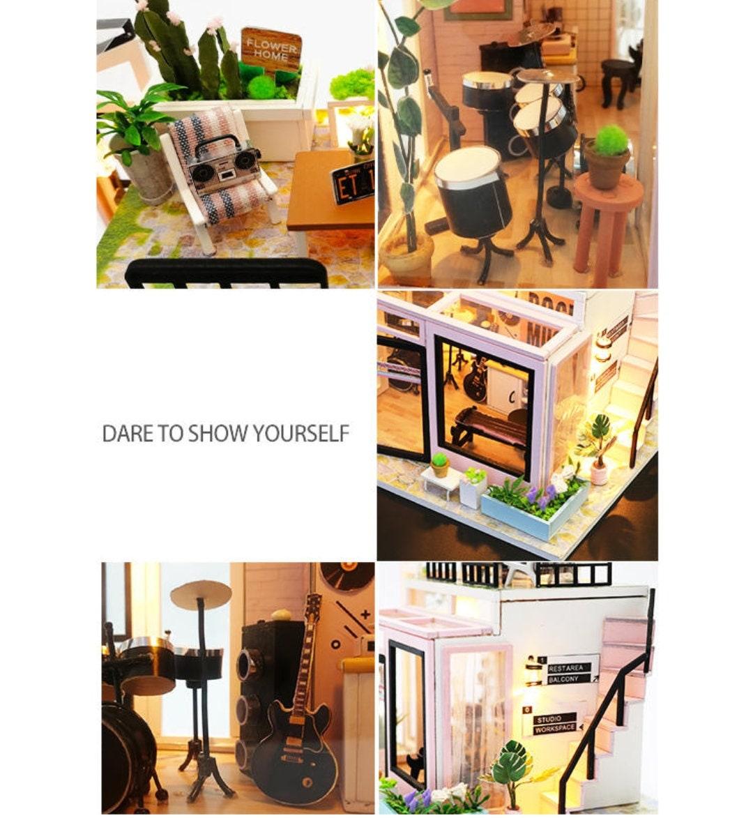 Houguang Music Studio DIY Dollhouse Kit Dollhouse Miniature With Guitar Drum Kit Adult Craft Birthday Gift Christmas Gift