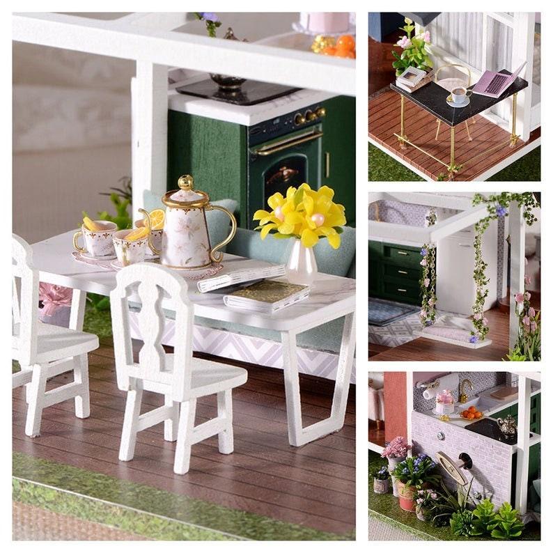 Monets Garden Dollhouse Miniature With Furniture - Two Story Modern Villa DIY Dollhouse Kit - Creative Room Idea (Dust Cover Available) - Rajbharti Crafts