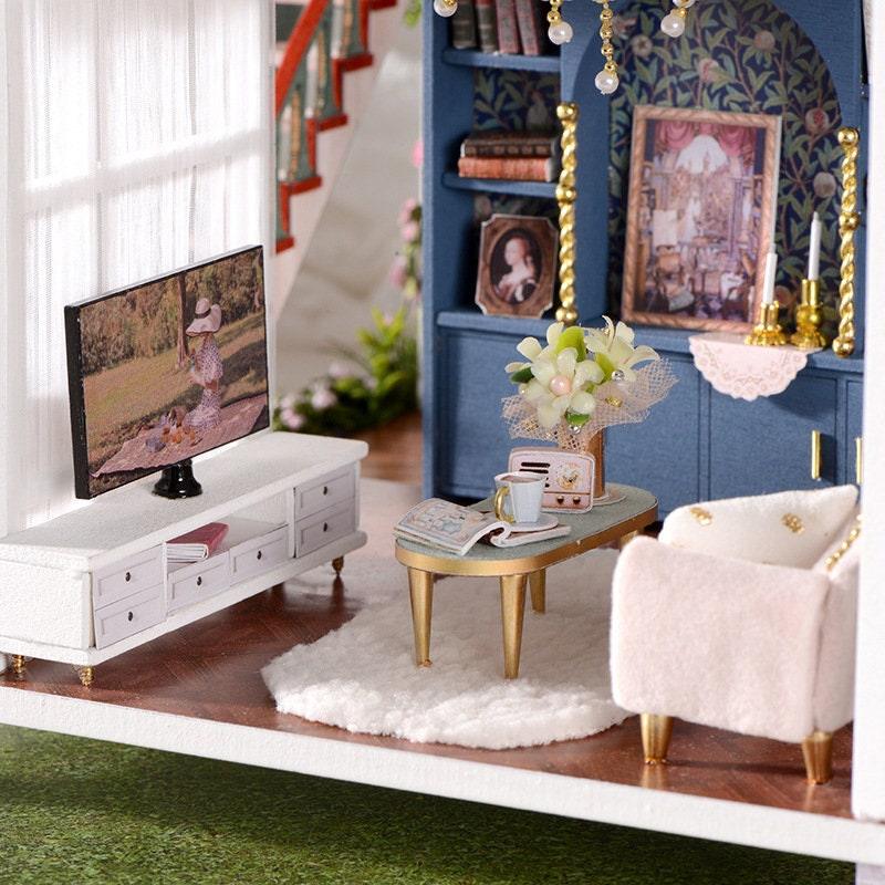 Monets Garden Dollhouse Miniature With Furniture - Two Story Modern Villa DIY Dollhouse Kit - Creative Room Idea (Dust Cover Available)