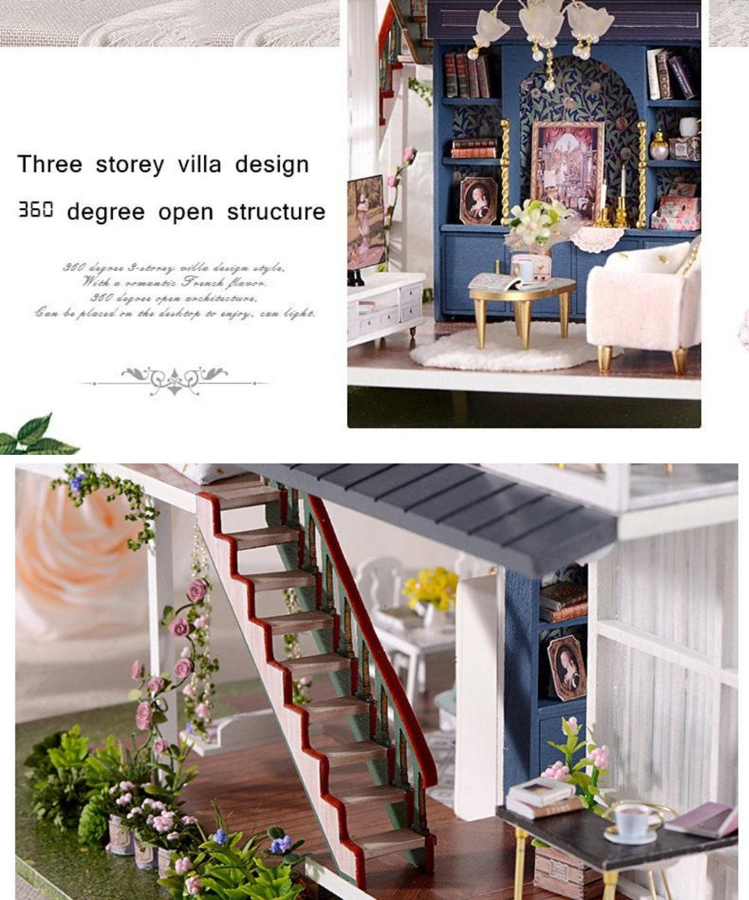 Monets Garden Dollhouse Miniature With Furniture - Two Story Modern Villa DIY Dollhouse Kit - Creative Room Idea (Dust Cover Available)