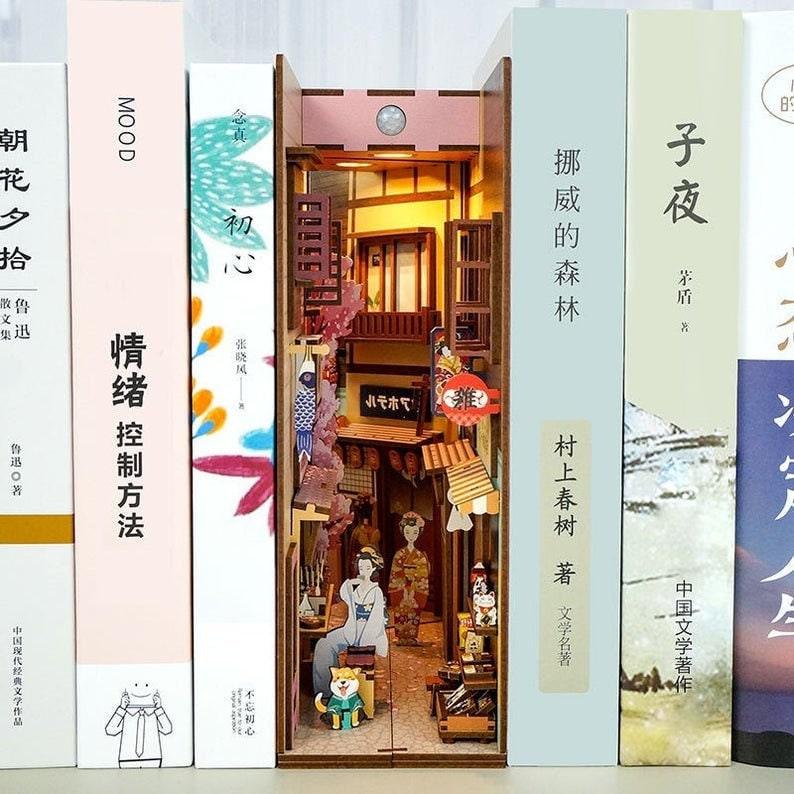 DIY Book Nook - Japanese Street Book Nook - DIY Doll House - Book Shelf Insert - Book Scenery - Bookcase with Light Model Building Kit