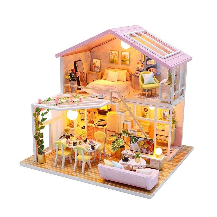 Pink Girl Duplex Sweet Time Home Miniature Dollhouse Kit Do It Yourself Kid Toys Adult Craft Best Birthday Gift