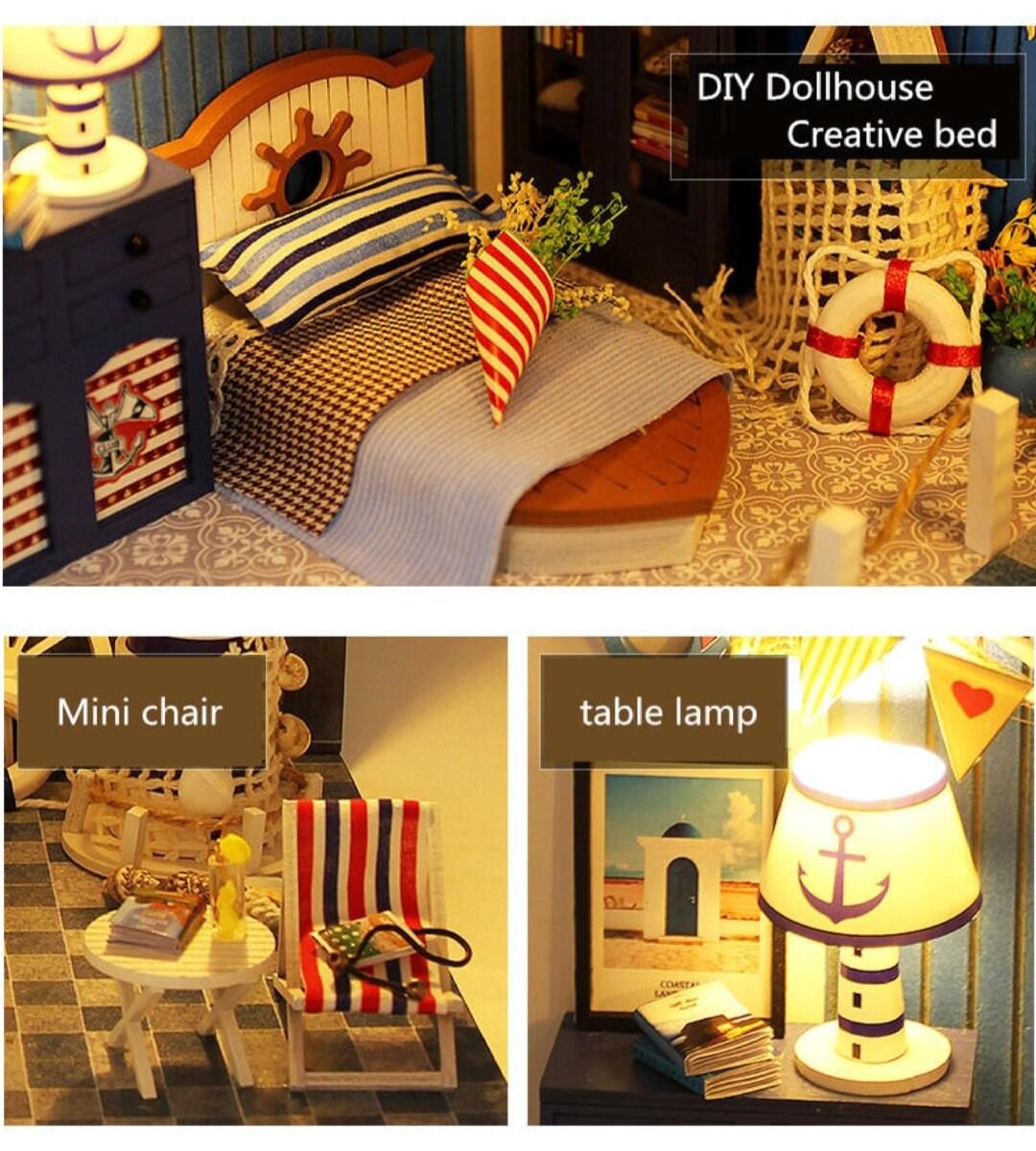 Sea Dreams Beach Dollhouse Miniature Bedroom with Lighthouse, Marine Theme DIY Dollhouse Kit With Free Dust Cover and Remote Control Lights - Rajbharti Crafts