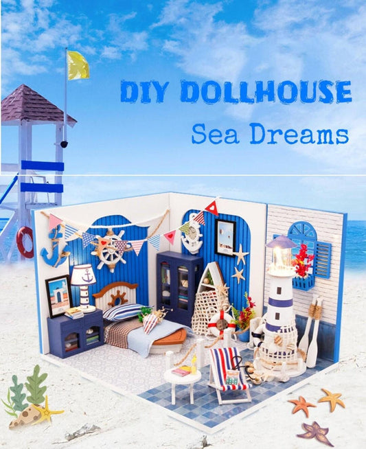 Sea Dreams Beach Dollhouse Miniature Bedroom with Lighthouse, Marine Theme DIY Dollhouse Kit With Free Dust Cover and Remote Control Lights - Rajbharti Crafts