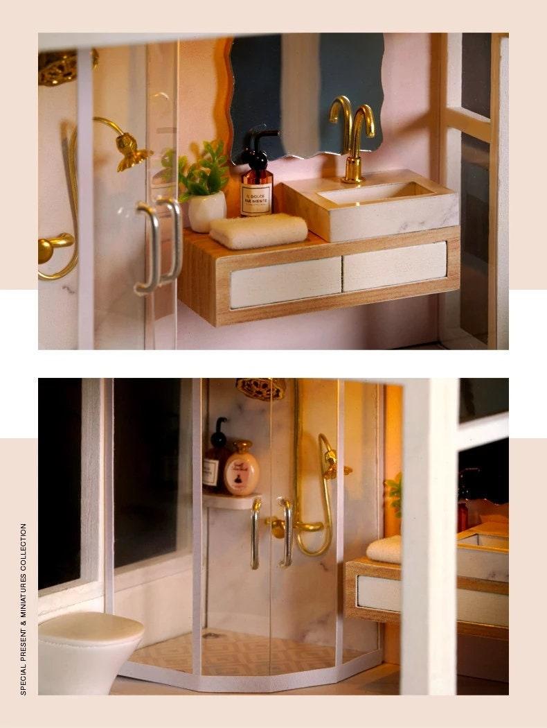 Simple Life Miniature Villa Three Floor Dollhouse with Furniture, DIY Large Dollhouse Kit With Furniture Pink Creative Room Idea