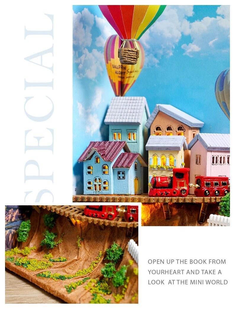 Hot Air Balloon Book Nook Book Scenery - DIY Doll House Book Shelf Insert - Bookcase with Light Miniature Building Kit - Rajbharti Crafts