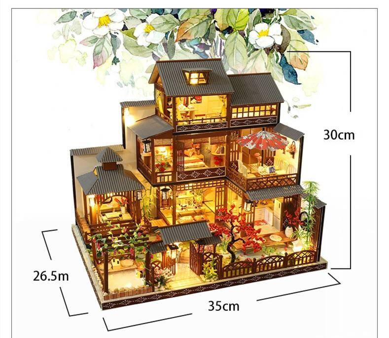 DIY Japanese Style Villa Wooden Miniature Doll House kit Large Scale with light Adult Craft Birthday Gift Decor