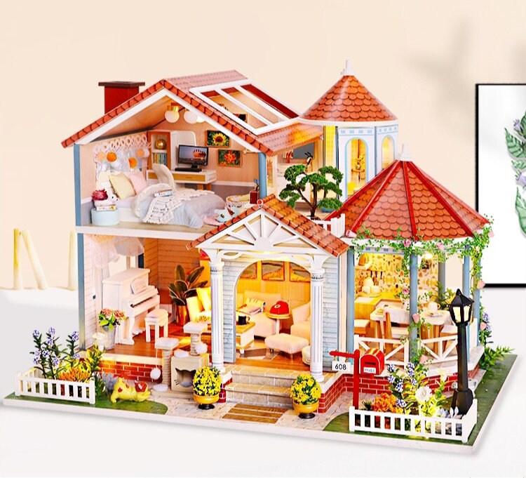 DIY Dollhouse Kit European Courtyard Garden Miniature Villa with Lighthouse, Western Style Bungalow Dollhouse Kit With Free LED Lights - Rajbharti Crafts