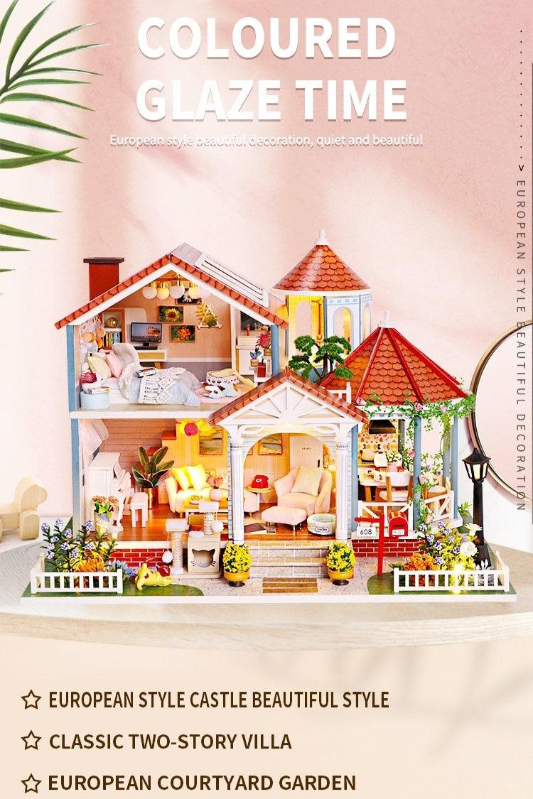 DIY Dollhouse Kit European Courtyard Garden Miniature Villa with Lighthouse, Western Style Bungalow Dollhouse Kit With Free LED Lights - Rajbharti Crafts