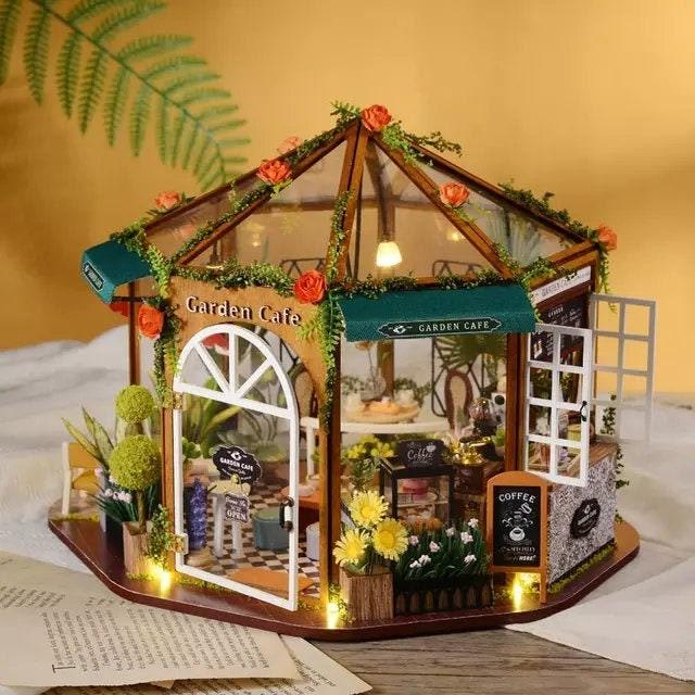 DIY Dollhouse Kit Garden Cafe Miniature Plant Studio Coffee Shop Miniature House Kit with Free Dust Cover Adult Craft DIY Kits