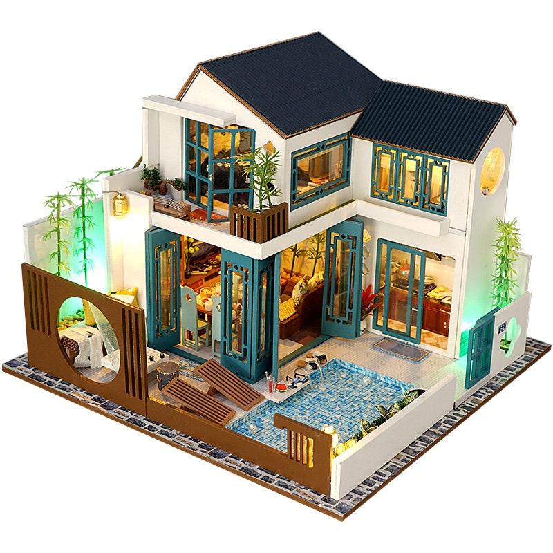 Japanese Style DIY Dollhouse Kit Miniature Bungalow with Swimming Pool Japanese Style Miniature Villa With Free Dust Cover Adult Craft