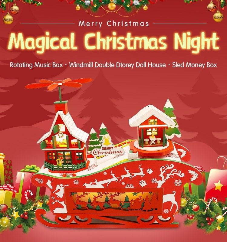 Merry Christmas DIY Dollhouse Kit Magical Christmas Night With Rotating Music Box - Sled Money Bank - Windmill Double Dtorey Dollhouse Gift - Rajbharti Crafts