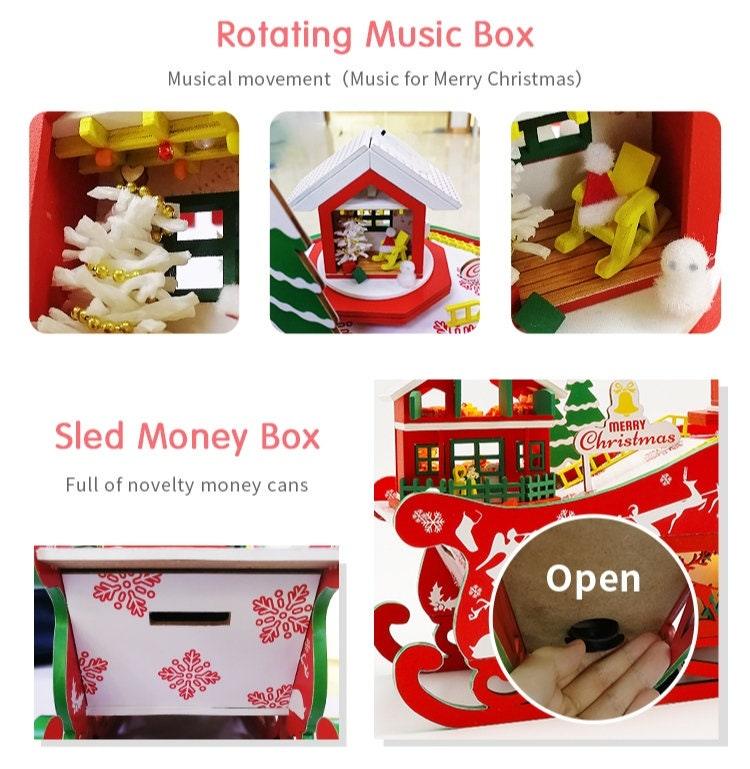Merry Christmas DIY Dollhouse Kit Magical Christmas Night With Rotating Music Box - Sled Money Bank - Windmill Double Dtorey Dollhouse Gift - Rajbharti Crafts