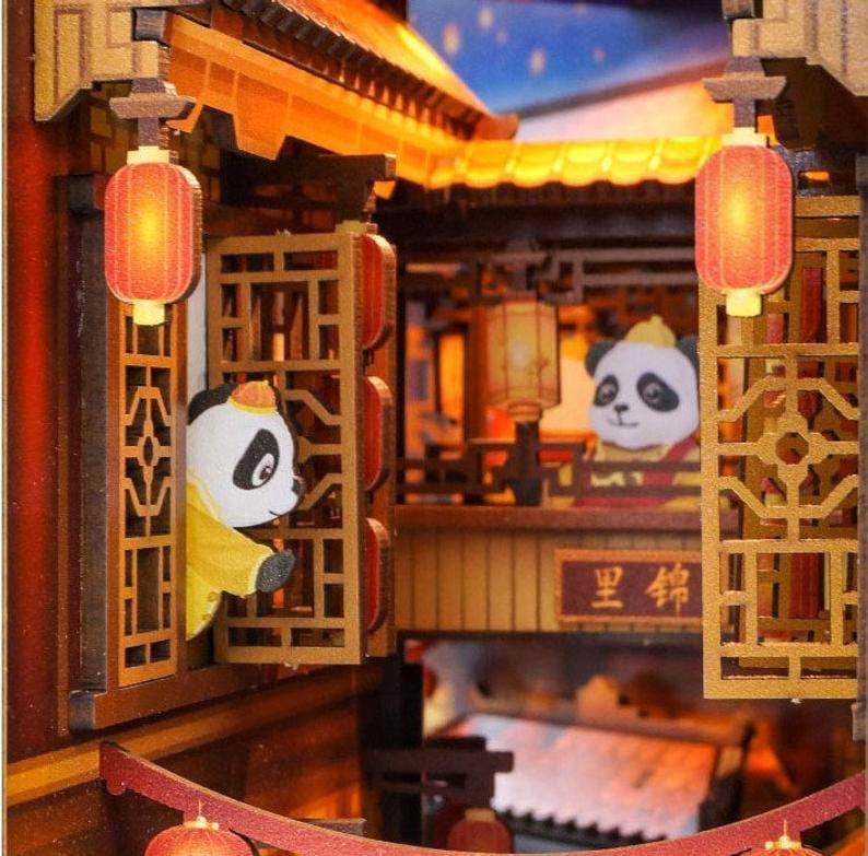 Kungfu Panda Book Nook - DIY Book Nook Kits - Japanese Alley Book Shelf Insert - Book Scenery - Bookcase with Light Model Building Kit