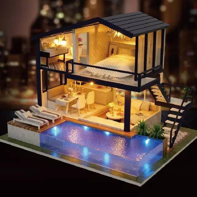 DIY Doll House Kit Modern Party Home Miniature Pool Villa With Swimming Pool with light Adult Craft Miniature Dollhouse Sweet Time Apartment