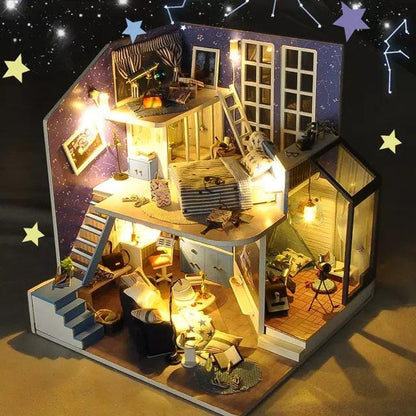 DIY Star View Hotel Dollhouse Kit Star Night Bedroom Miniature Dollhouse With Telescope Camping Room On Terrace And Free Dust Cover - Rajbharti Crafts