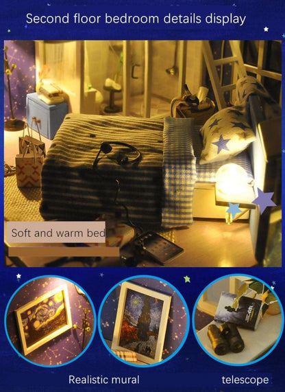 DIY Star View Hotel Dollhouse Kit Star Night Bedroom Miniature Dollhouse With Telescope Camping Room On Terrace And Free Dust Cover - Rajbharti Crafts