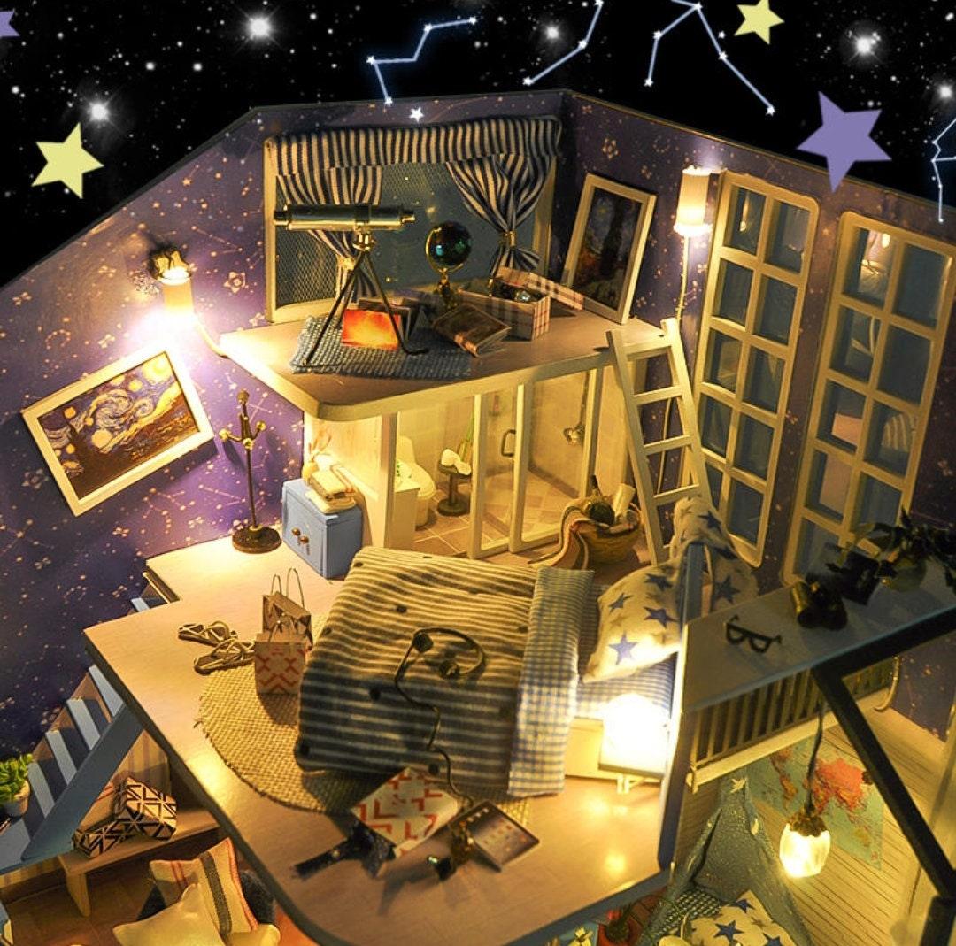 DIY Star View Hotel Dollhouse Kit  Star Night Bedroom Miniature Dollhouse With Telescope Camping Room On Terrace And Free Dust Cover